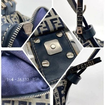 Fendi Mamma Zucca Bucket Baguette Navy Tan Flap Bag Purse Tote FF