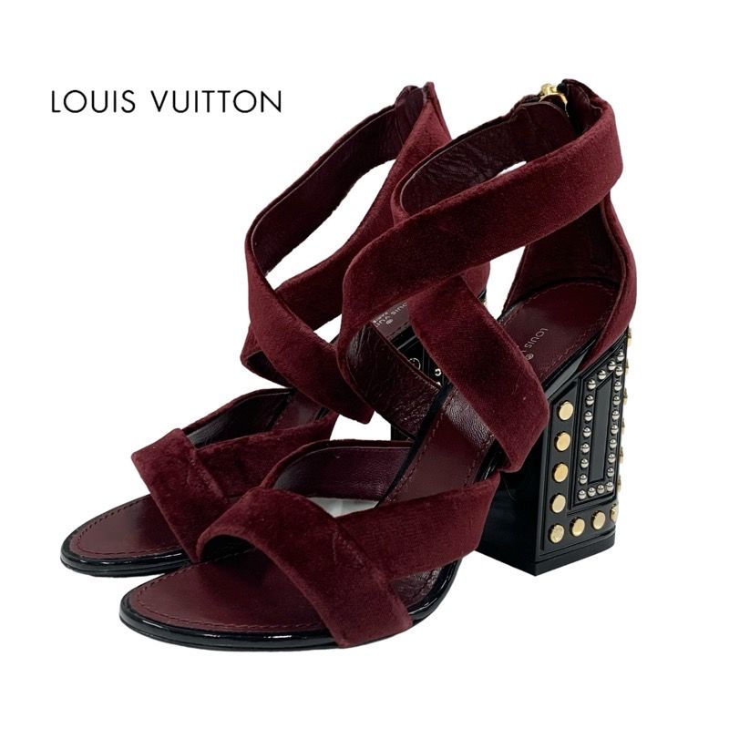 Louis Vuitton Sandals Shoes Velor Bordeaux Black Studs Velvet