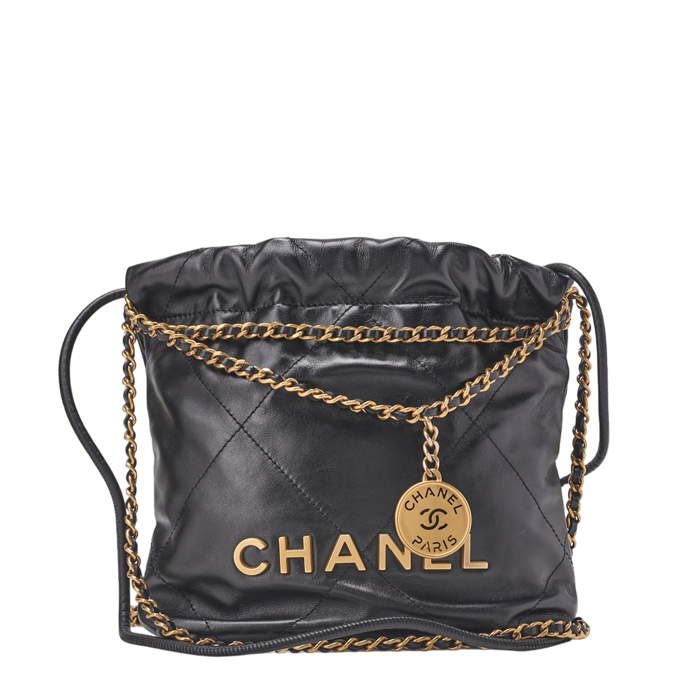 Chanel 22 Mini Calfskin Black Drawstring Chain Shoulder Bag With Gold Hardware