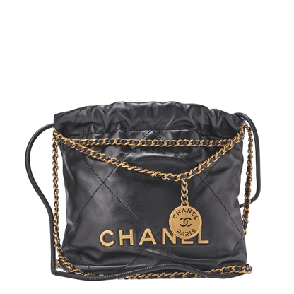 Chanel 22 Mini Calfskin Black Drawstring Chain Shoulder Bag With Gold Hardware