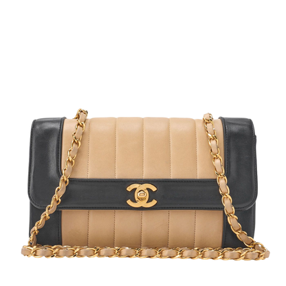 Chanel Shoulder Bag Mademoiselle Lambskin Beige And Black Gold Hardware Full