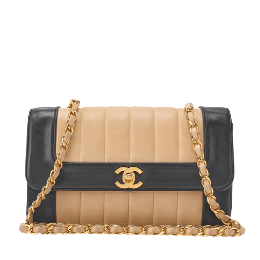 Chanel Shoulder Bag Mademoiselle Lambskin Beige And Black Gold Hardware Full