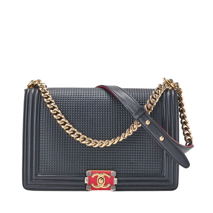 Chanel Boy Chanel Perforated Design Chain Shoulder Lamb Skin Navy And Red Large