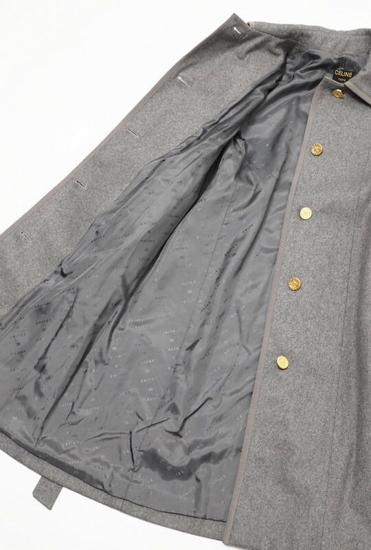 Celine Vintage Stainless Steel Collar Coat Belted Coat Long Coat Logo Buttons