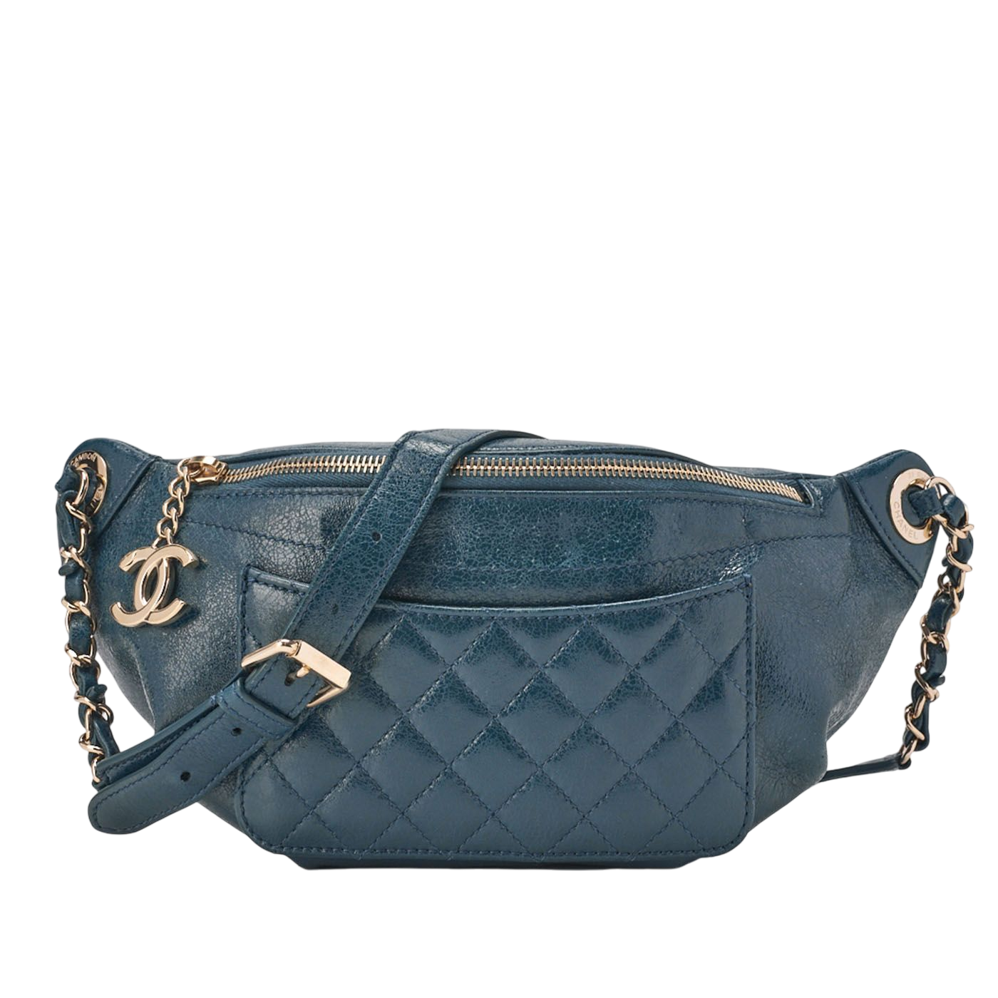 Chanel Waist Bag Matelasse Lambskin With Coco Charm Blue Gold Hardware Ladies