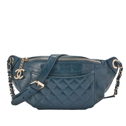 Chanel Waist Bag Matelasse Lambskin With Coco Charm Blue Gold Hardware Ladies