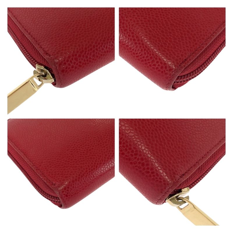 Chanel Coco Mark Red Gold Hardware Leather Long Wallet Round Zipper Ladies