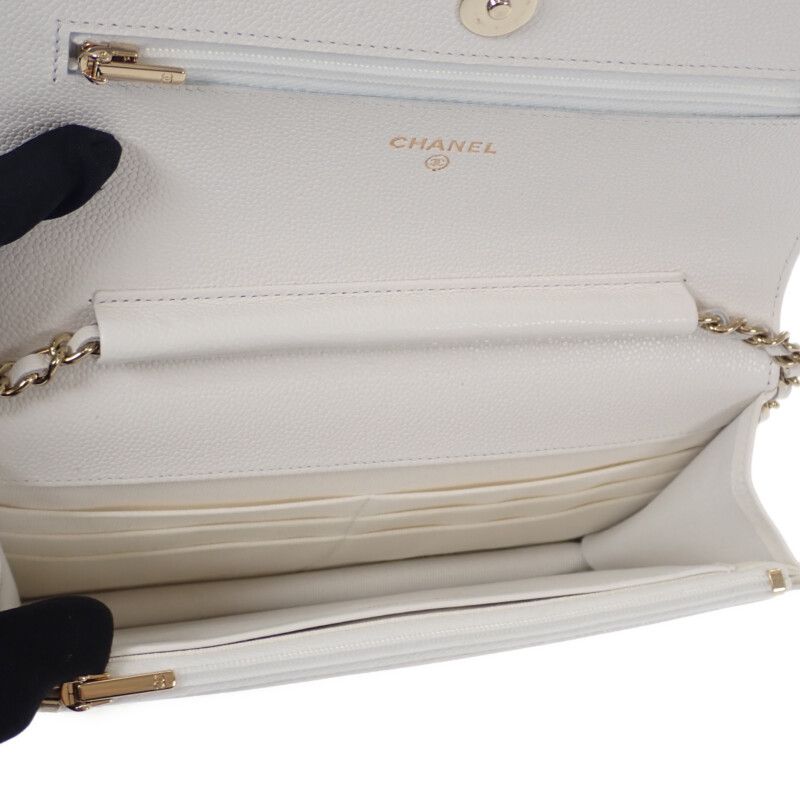 Chanel Classic Chain Wallet Ap0250 Shoulder Bag Caviar Skin White Gold Hardware