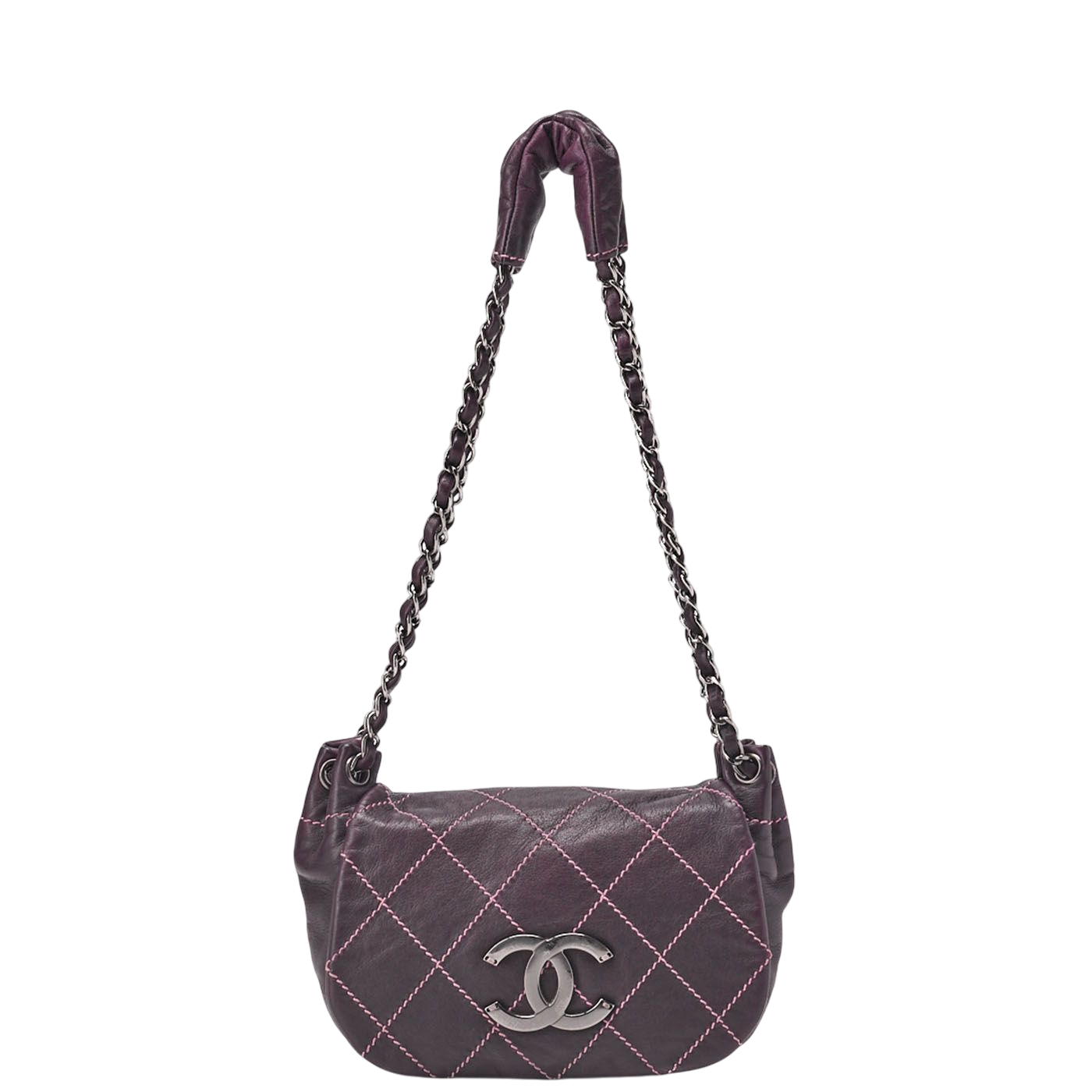 Chanel Shoulder Bag Matelasse Wild Stitch Decacoco Lambskin Purple Silver