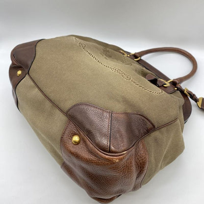 Prada Logo Jacquard Tote Handbag Leather Brown Beige Women Men Vintage Fashion