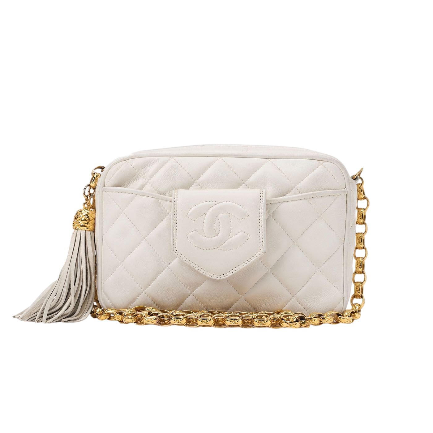 Chanel Matelasse Coco Mark With Fringe Bijoux Chain Shoulder Lambskin White