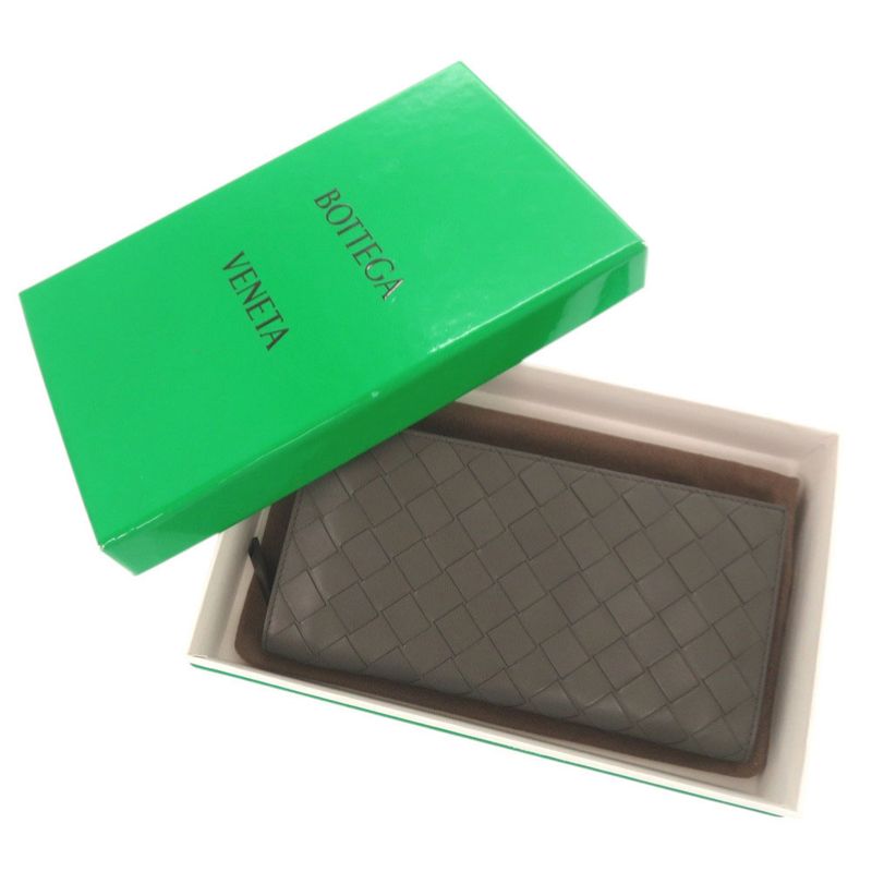 Bottega Veneta Intrecciato Leather Gray Round Zipper Long Wallet 0510 Bottega