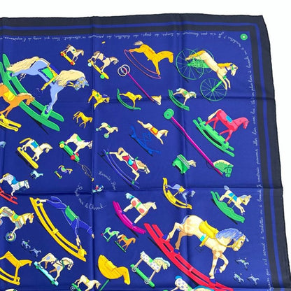 Hermes Carre 90 Raconte Moi Le Cheval Talking About Horses Navy Scarf 100% Silk