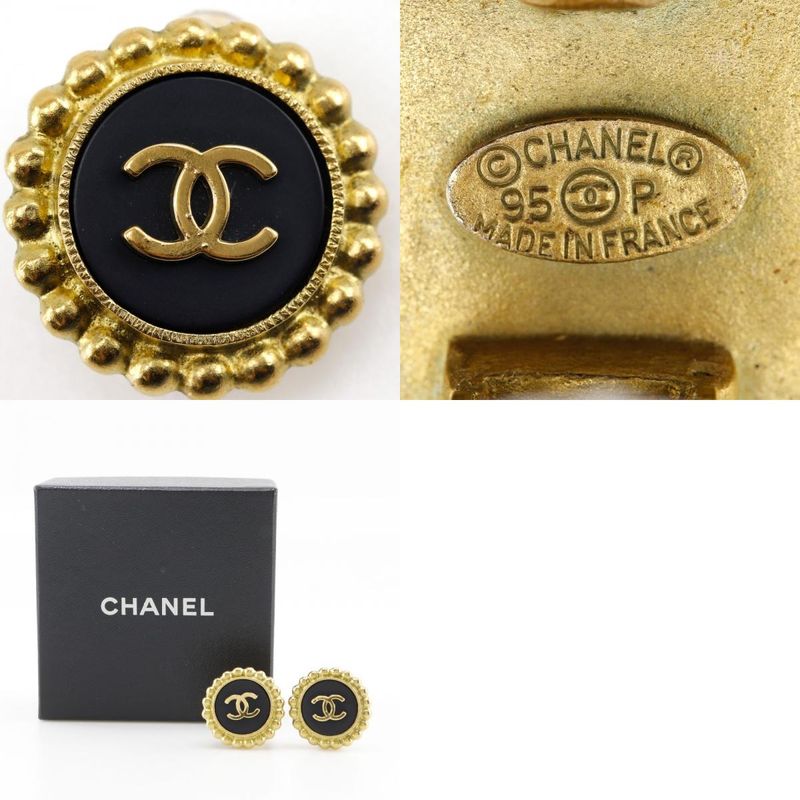 Chanel Coco Mark Vintage Gold Plated Black 95P Ladies 28.5g Earring