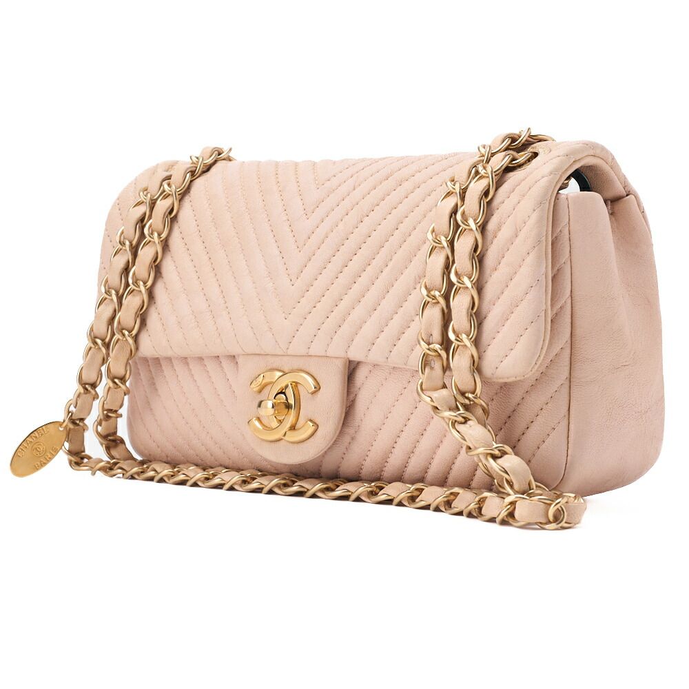 Chanel Shoulder Bag Calfskin V-stitched Beige Turnlock Single Flap With Gold