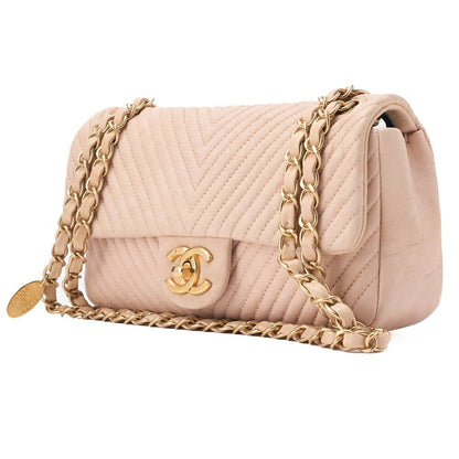 Chanel Shoulder Bag Calfskin V-stitched Beige Turnlock Single Flap With Gold