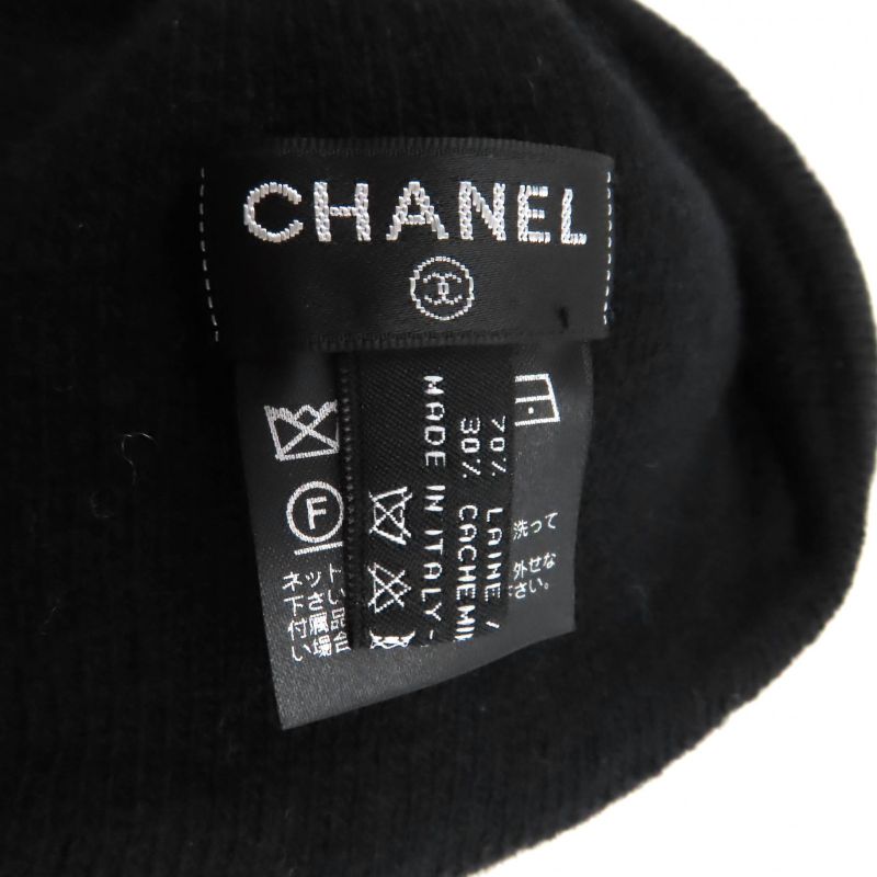CHANEL Wool Cashmere Blend Logo Design Knit Hat Knit Cap Hat Black Made In