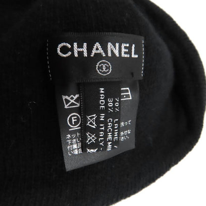 CHANEL Wool Cashmere Blend Logo Design Knit Hat Knit Cap Hat Black Made In