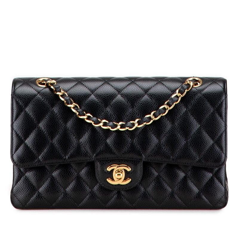 Chanel Matelasse 25 Coco Mark Double Flap Chain Shoulder Bag Black Caviar Skin