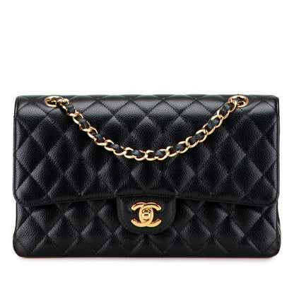 Chanel Matelasse 25 Coco Mark Double Flap Chain Shoulder Bag Black Caviar Skin