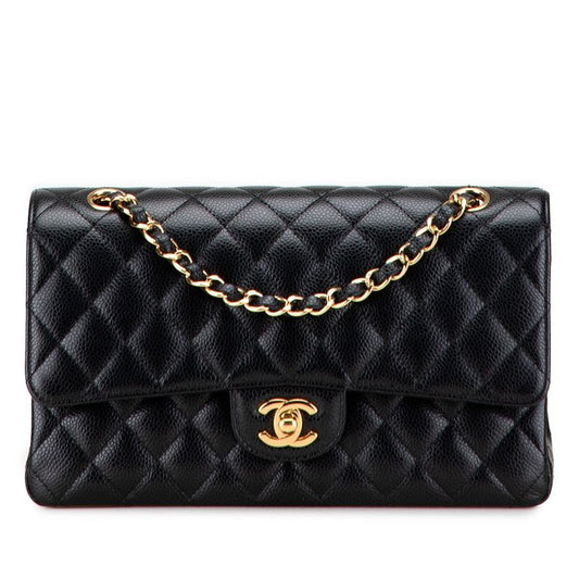 Chanel Matelasse 25 Coco Mark Double Flap Chain Shoulder Bag Black Caviar Skin