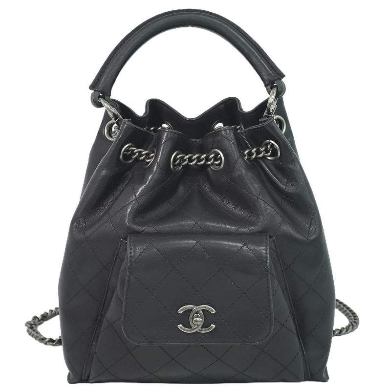 Authentic Chanel Coco Mark Matelasse 2WAY Chain Drawstring Backpack Sac Handbag