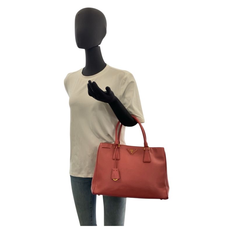 Prada Saffiano Triangle Logo Plate Pink Gold Hardware Leather Handbag Tote Bag