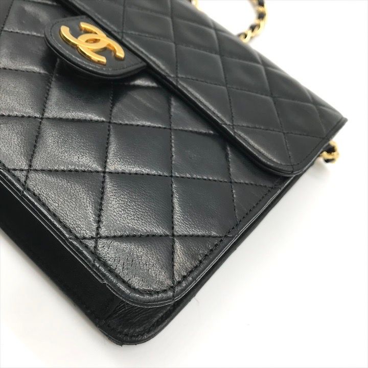 Chanel Quilted CC Logo Push Lock Lamb Leather Chain Shoulder Bag Black Purse