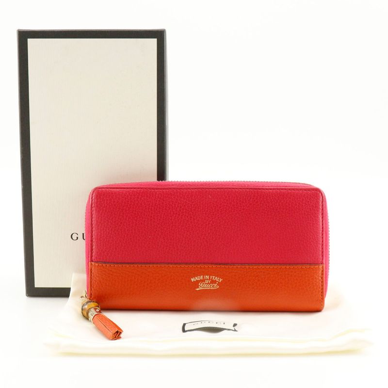 Gucci Round Zipper Bamboo Tassel Bicolor 307984 Calf Pink/orange Ladies Long