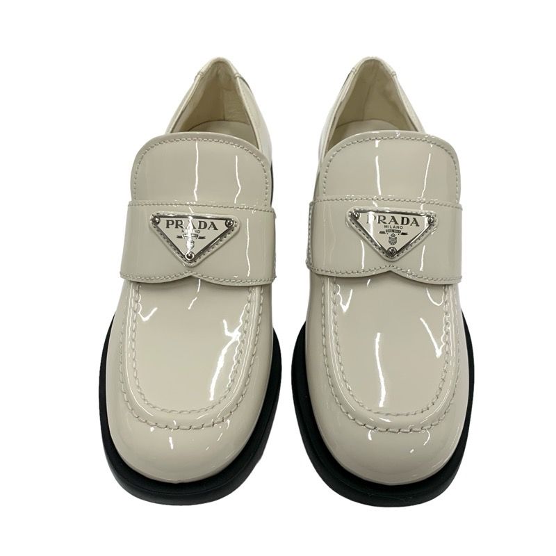 Prada Loafers Leather Shoes Patent Beige Triangle Logo