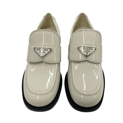 Prada Loafers Leather Shoes Patent Beige Triangle Logo