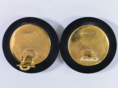Authentic Chanel Coco Mark Matelasse Earrings Plastic GP Gold Plated Black