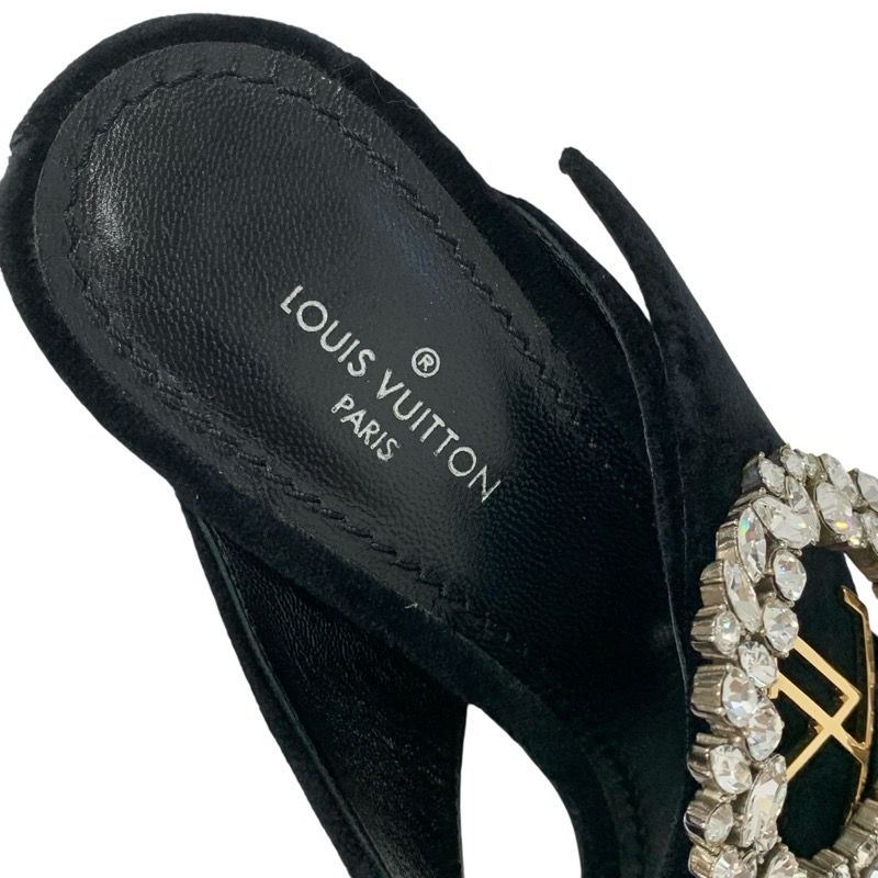 Louis Vuitton Sandals Shoes Velor Black LV Logo Bijou Mules