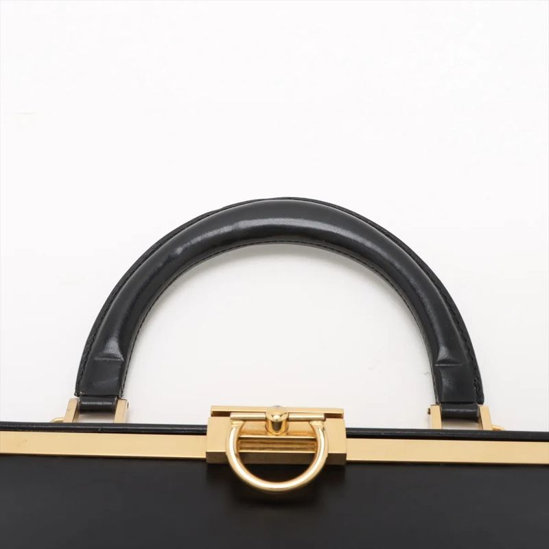 Vintage Christian Dior Clasp Leather Handbag Tote Black Gold Hardware Genuine