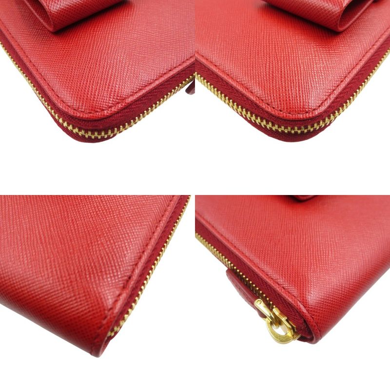 Prada Ribbon 1m0506 Saffiano Leather Gold Hardware Red Round Zipper Long Wallet