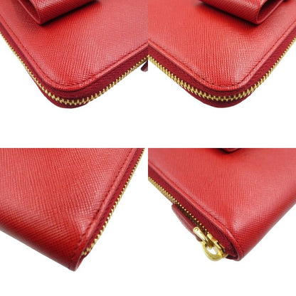 Prada Ribbon 1m0506 Saffiano Leather Gold Hardware Red Round Zipper Long Wallet