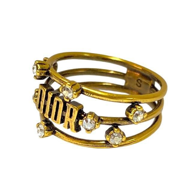 Christian DIOR Jadior Ring Double Finger Ring Logo GP Rhinestone Gold #9 (size