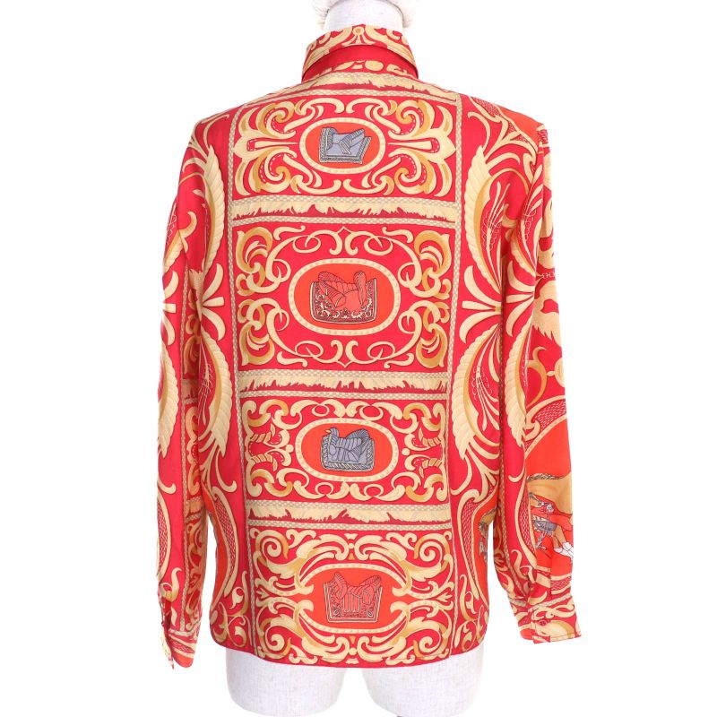 Hermes Vintage 100% Silk All-over Horse Pattern Long-sleeved Shirt Blouse Top