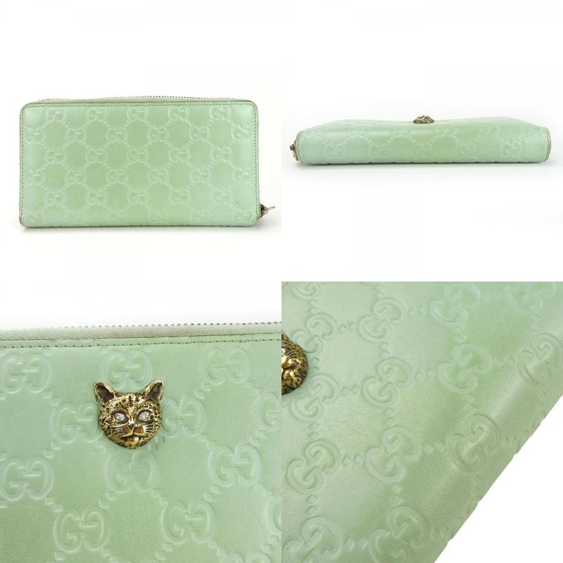 Gucci Long Wallet Round Zipper 548058 Sima Leather Mint Green Color Linea Cat