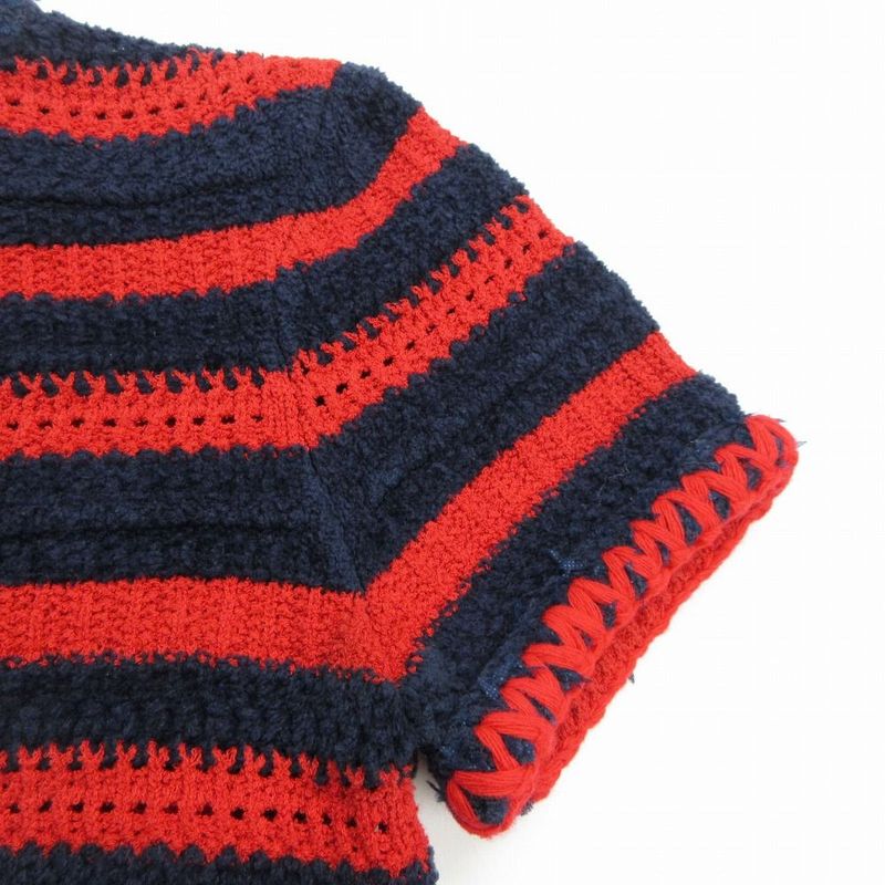 Chanel P70323k10021 21c Cropped Striped Knit Pullover Top Short Sleeves Red