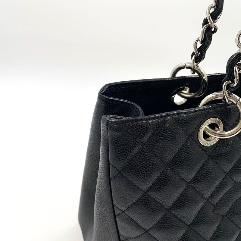 Chanel GST Tote Bag Matelasse 13th Caviar Skin Black Shoulder Bag Silver