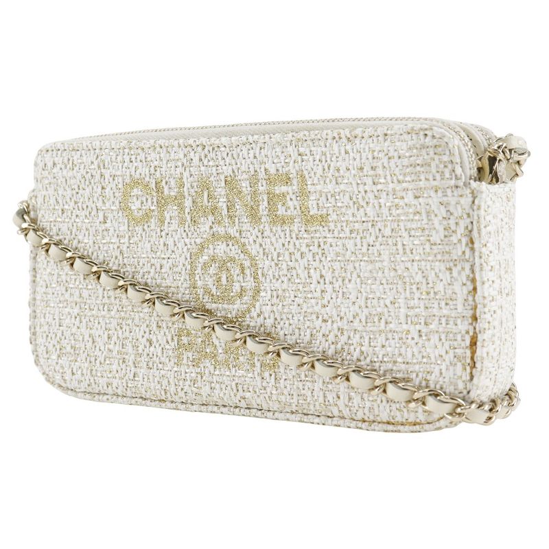 Chanel Deauville Chain Shoulder 2WAY Clutch A84415 Tweed White Ladies Shoulder