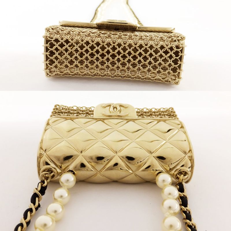 Chanel Necklace Mini Matelasse Bag Motif Coco Mark Fake Pearl Gold