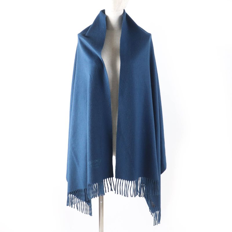Hermes 100% Cashmere Logo Embroidered Fringed Large Scarf Shawl Scarf Blue Women