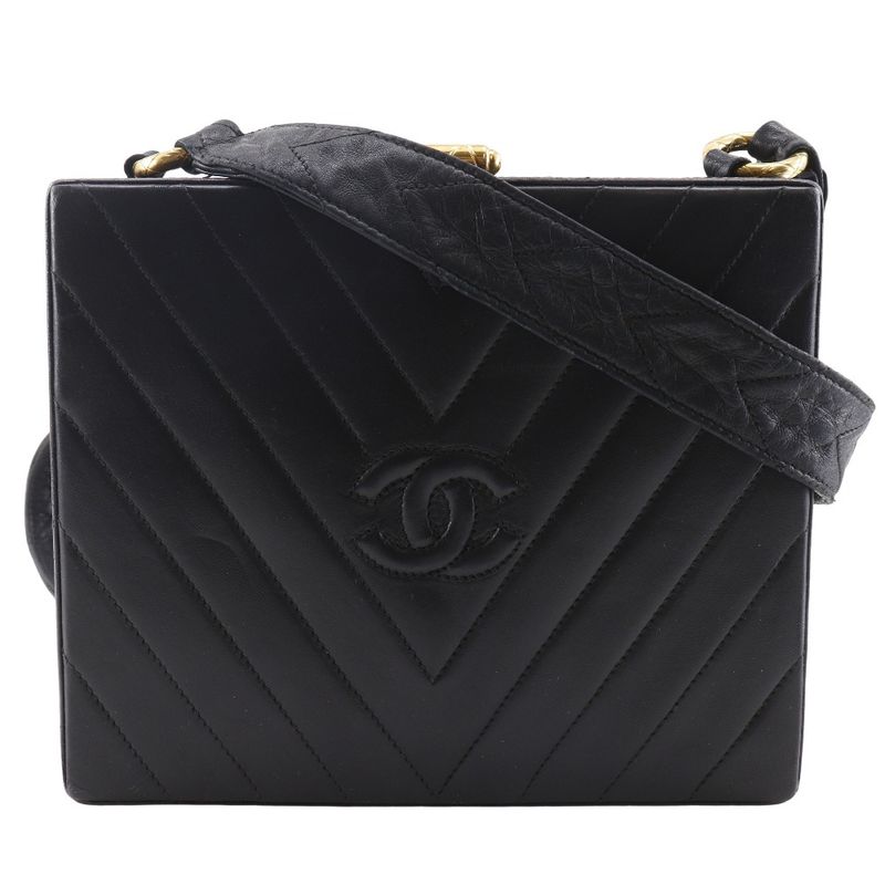 Chanel Chevron Coco Mark V-stitching Vintage Lambskin Black Women Shoulder Bag