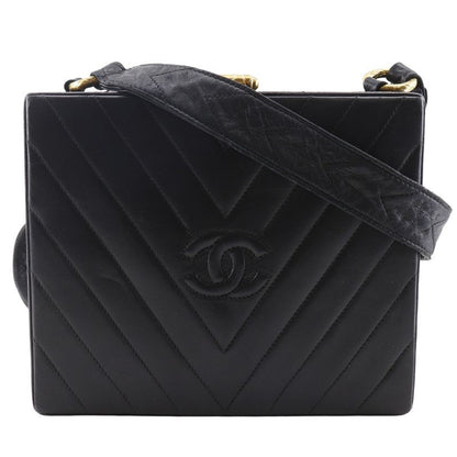 Chanel Chevron Coco Mark V-stitching Vintage Lambskin Black Women Shoulder Bag
