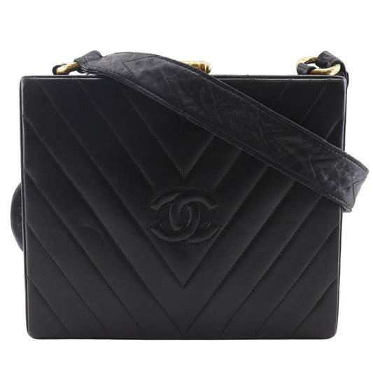 Chanel Chevron Coco Mark V-stitching Vintage Lambskin Black Women Shoulder Bag