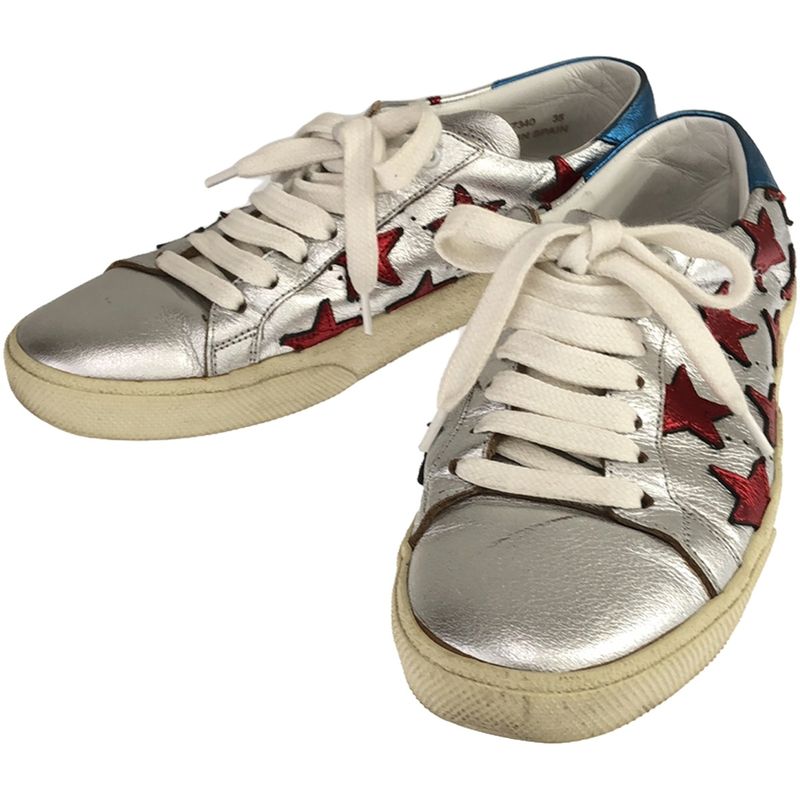 Saint Laurent Paris Star Patch Metallic Low Cut Sneakers Vu 377340 Silver 35