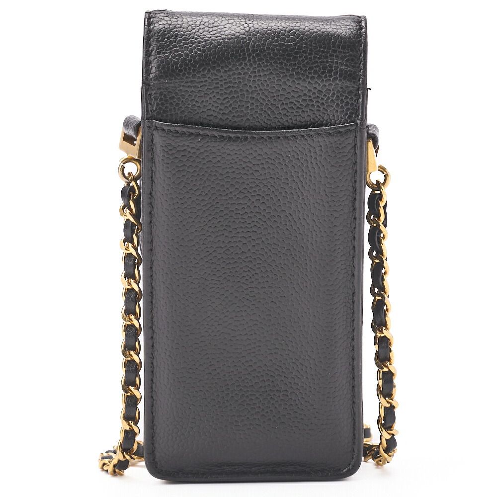Chanel Shoulder Bag Pouch Caviar Skin Black Gold Hardware Turnlock Vertical