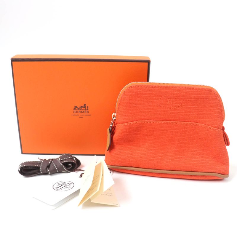 Hermes Bolide Pouch Mini Silver Hardware H Logo Canvas Pouch Orange With Box